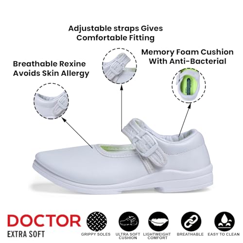 Image of DOCTOR EXTRA SOFT Girls Black & White Ballerina Uniform School Shoes with Adjustable Hook & Loop| Memory Foam Cushion & Anti-Bacterial Technology| Lightweight | Comfortable|Durable & Anti-Skid D-3003