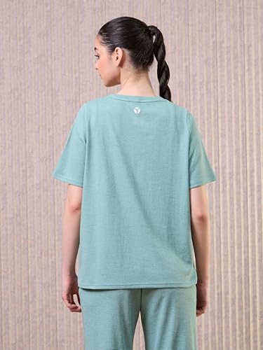 Image of TECHNOSPORT Women Relaxed Fit Cubic Melange Round Neck T-Shirt | Quick Dry Polyester Casual Tee with UPF 50+ UV Protection, Anti-Microbial & Double Cool Technology