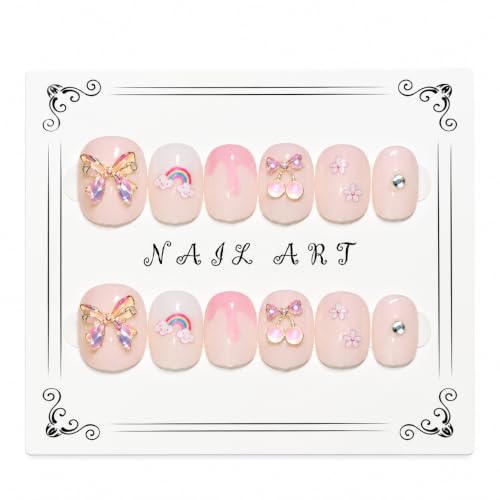 Image of 3D Press on Nails Pink with Bow Rainbow Cherry Floral