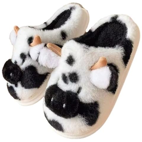 HYMIC Cartoon Cow Cotton Slippers,Cute Cozy Fuzzy Animal Slippers For Women Men,Winter Warm Plush Comfy Indoor Outdoor Slippers (Black, US Footwear Size System, Adult, Women, Alpha, Medium, Medium) Cover