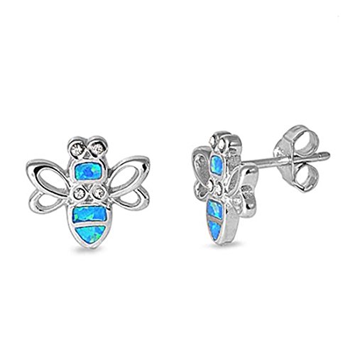 Pair of Bumble Bee Stud Post Earring Irregular Shape Created Blue Opal Round Simulated CZ 925 Sterling Silver
