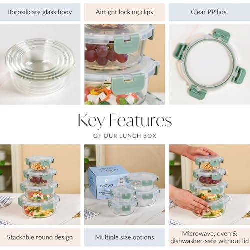 Image of Nestasia Nestro Airtight Glass Containers with Lid Set of 4 (215ml, 400ml, 600ml, 950ml) | Spill Proof Round Glass Containers with Break Free Lock - Microwave, Dishwasher & Freezer Safe (Green)