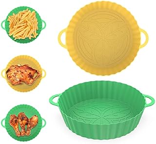 Foxbown Silicone Air Fryer Liner, 2Pcs Air Fryer Liners Reusable Silicone Pot, 8.3" Air Fryer Food Grade Silicone Baking Tray Coking Accessories for Air Fryer, Oven, and Microwave(Green+Yellow)