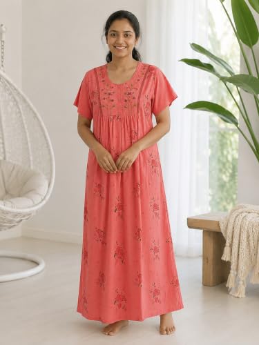 Image of 9shines Label Stylish Cotton Blend Embroidered Maxi Nightdress for Women with Pocket| Full Length Nightwear| Premium Nightdress| Comfortable Nightwear(5256)