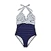 SUUKSESS Women Sexy Tummy Control One Piece Swimsuits Halter Push Up Monokini Bathing Suits (White Blue Striped, L)