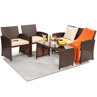 KROFEM 4 Piece Rattan Patio Furniture Set, Outside Sectional with 2 Chairs, Sofa, and Coffee Table, UV Resistant Wicker Brown Frame with Beige Washable Overstuffed Cushions