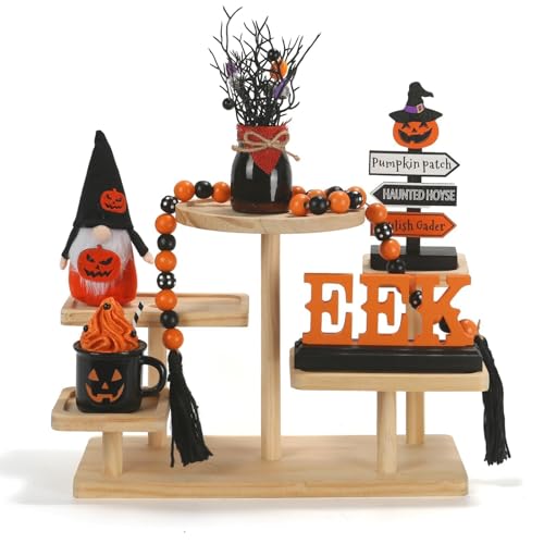 Halloween Decorations 6PCS Tiered Tray Decor Cute Tabletop Halloween Decor for Home Indoor Tray Shelf Mantel Office Table Centerpieces Farmhouse Rustic Spooky Wood Signs