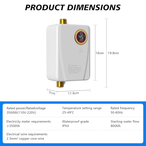 Elektronischer Durchlauferhitzer Küche 220V 3500W elektrische Warmwasserbereiter tankloser Mini-Warmwasserbereiter mit LED Temperaturanzeige, Elektrisch Instant Klein Durchlauferhitzer für Küche, Bad