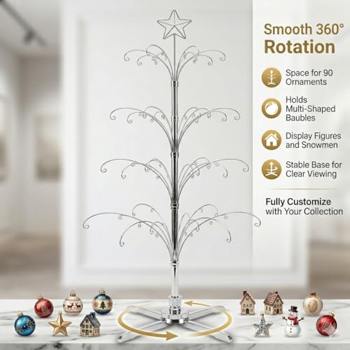 Árbol de exhibición de adornos HOHIYA giratorio de metal plateado de 74 pulgadas con 90 ganchos 5
