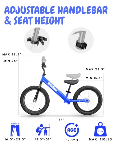 Image of bicystar 16 Inch Balance Bike for Kids 5-8, Air Rubber Tires, Blue