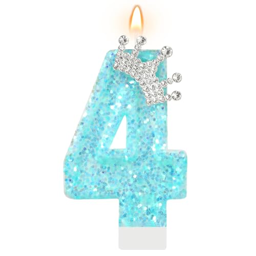 AKURIEEY Light Blue Birthday Candle Crown Number 4 Candle for Cake Topper