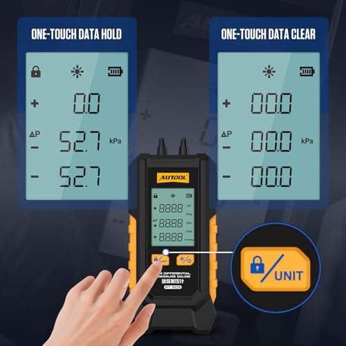 AUTOOL Digitales Manometer, PT503 Druckmessgeräte Mini Differential Pressure Gauge, -1,01 a 2 Bar, Differenzdruckmesser mit zwei Anschlüssen, 6 Einheiten, Hintergrundbeleuchtetem LCD-Display