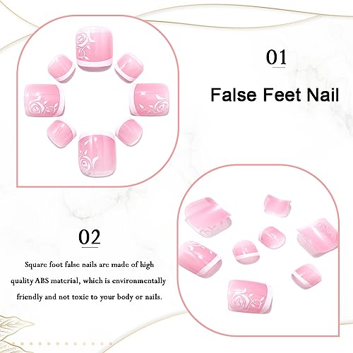 Handcess French False Toe Nails Nude Pink Glossy Press on Toe Nail Folwer Fake Toenails Full Cover Acrylic Toe Nail Art Tips for Women and Girls 24Pcs - Image 3