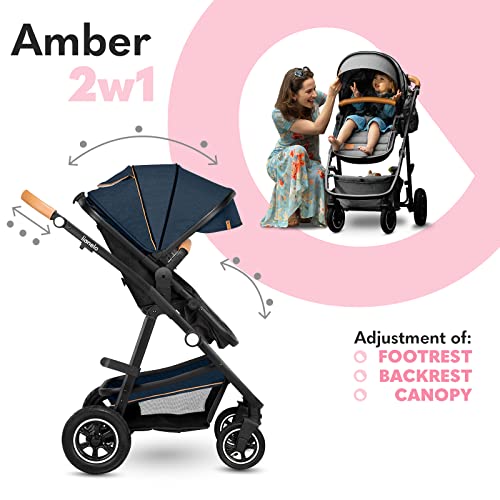 LIONELO Amber Kinderwagen 2 in 1 Kombikinderwagen, Kinderwagen Set mit sportlichen Sitz und fester Babywanne, Tasche, Moskitonetz, Abdeckung Regenblatt (Blau)