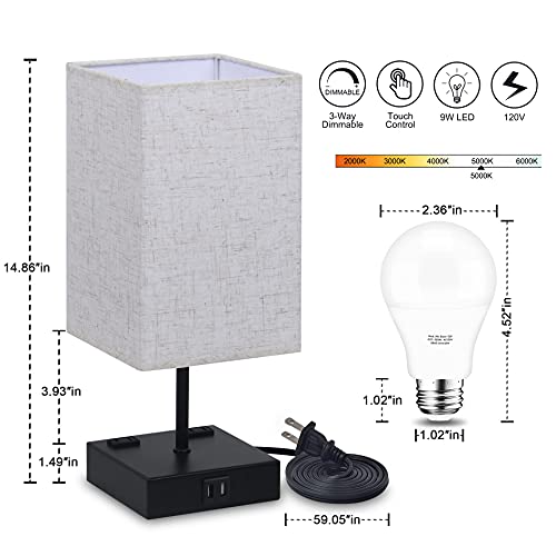 Cotanic 3-Way Dimmable Touch Control Bedside Lamp, Table Lamp For Bedroom,2 Usb Charging Ports,2 Ac Outlets,Cuboid Fabric Lampshade,Decorative Nightstand Lamp,5000K Daylight E26 Led Bulb Included #TOP1