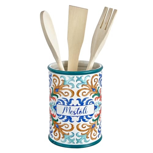 Baroni Home Portamestoli Decorato in Ceramica con Mestoli Inclusi, Accessorio da Cucina Colorato Resistente, Linea Capri, 11x11x25 cm