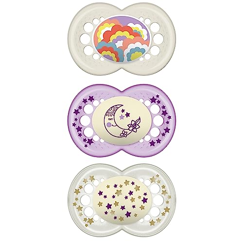 Image of MAM Original Day & Night Baby Pacifier, Nipple Shape Helps Promote Healthy Oral Development, Glows in The Dark, 3 Pack, 16+ Months, Girl,3 Count (Pack of 1)