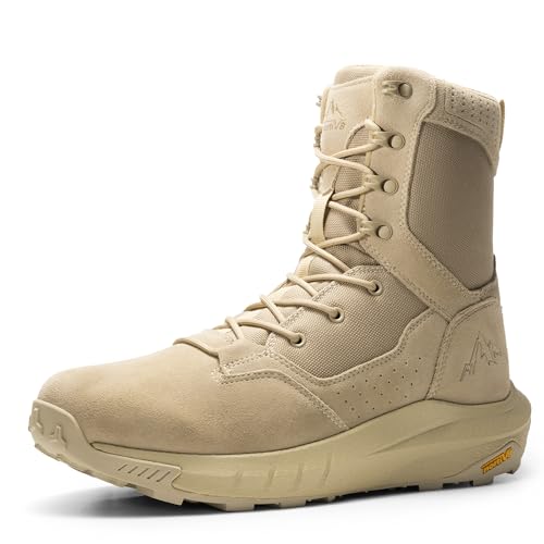 NORTIV 8 Botas de trabajo tácticas militares transpirables para hombre, con cremallera lateral, suela acolchada, de piel, ligeras, para motocicleta, soporte de arco, 20,3 cm, color DesertStorm, Arena,