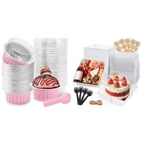 Bundle of 5 OZ Mini Loaf Pans with Lids and 20 Pack Small Cake Boxes for Cupake Pudding Party Wedding Birthday