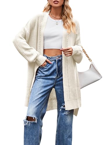 Image of Antnation Women's Oversized Open Front Cardigan Lightweight Long Sleeve Knit Sweater with Pockets(White-S)