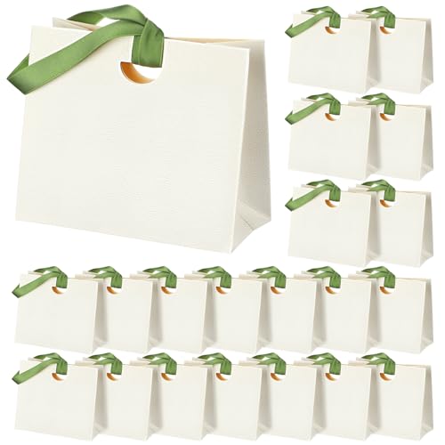 Gilprop 25 Pcs White Paper Gift Bags with Ribbon Handle Bulk Mini Goodie Bags Thick Texture Wedding Welcome Bag for Housewarming Holiday Birthday Party Favors Bridal Shower 6.1x2.95x5.71