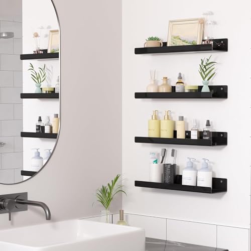 Image of Acrylic Floating Wall Shelves, 15 x 4 x 2.5 in, Clear, Set of 2, Modern Wall Mount Display Shelf (Black, 15, 6)
