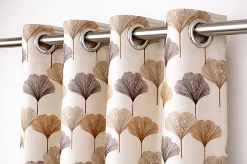 Image of HUTI 5 Feet Brown Window Curtain Set of 2 | Semi-Transparent Ginkgo Tree Printed Curtain | Soft Polyester Eyelet Curtains for Living Room & Bedroom 4x5 ft (120 x 150 cm) | Best for Home Decor