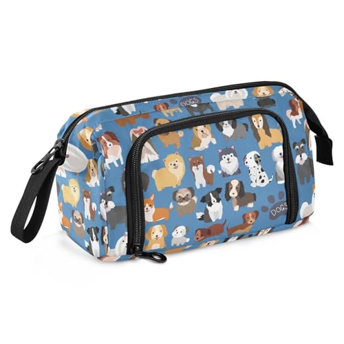 Image of Dogs Cute Blue Print Pencil Case Pouch Big Capacity Pencil Bag Box Organizer Pen Case with Compartmens Stationery Organizer for Girls Boys Women School College Office