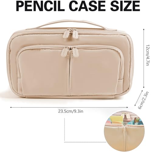 Image of Pencil Case Large Capacity Pencil Pouch Pen Bag with Handle, Portable Pencil Case Pencil Bags with Zipper Student Stationery Bag for Girls and Boys Teen Adults Men Women (Beige)