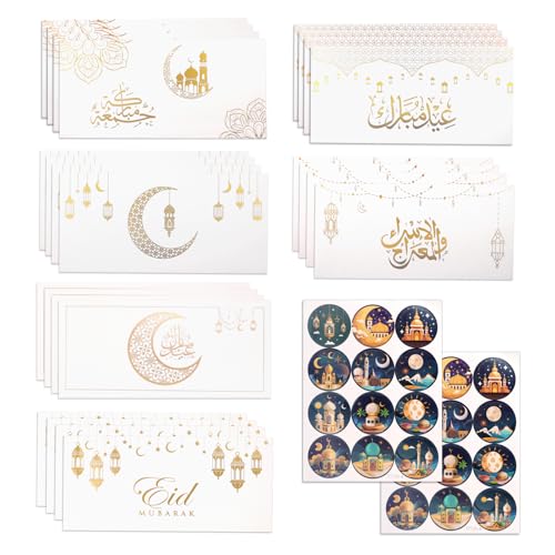 Eid Money Envelopes 24 PCS Eid Cards Mubarak Money Envelopes with Ramadan Stickers for Cash Gifts Money Wallets for Kids Men Women Ramadan Mubarak Cash Wallet Multipack Gifts (White Gold)