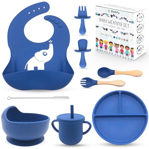 Zestify 9 Pieces Baby Weaning Set with Adjustable Bib, Sippy Cup, Fork & Spoon | Self Eating Utensils for Babies with Suction Bowl & Plate | Microwave & Dishwasher Safe | Dark Blue