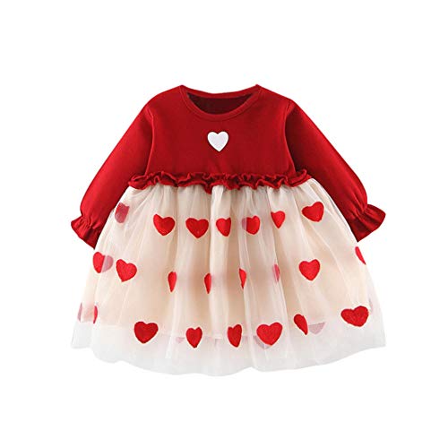 6M-3Y Toddler Baby Kids Girls Long Sleeve Heart Print Frill Mesh Stitching Mini Tutu Dress Princess Short Skirt (Red, 12-18 Months)