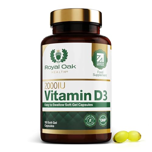 Royal Oak Health Vitamin D3 (Cholecalciferol) - High Strength Easy to Swallow Vitamin D Tablet Alternative Supplement for Immune Muscle Bones & Teeth (Vitamin D3 2000iu 180 Soft Gel Capsules)