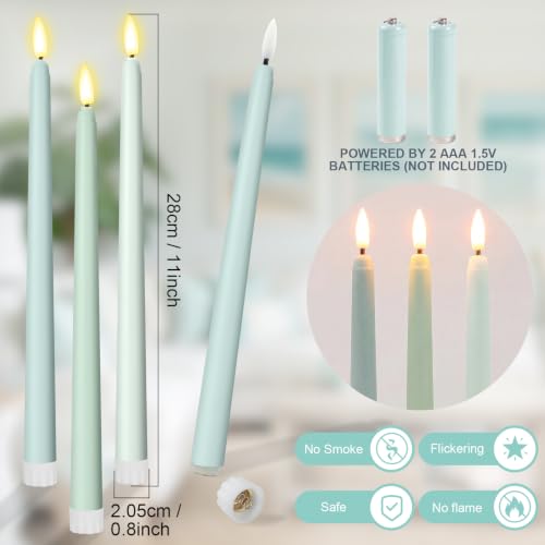 Image of Macarrie 24 Packs Flameless Taper Candles Battery LED 11 inch,Morandi Blue | Fake Candlelight Flameless Candlesticks Flickering Tapered for Weddings, Parties, Decor, Summer Fall Event
