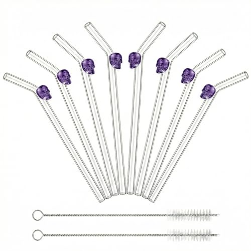 Cute Glass Straws with Purple Skull Charms - Clear Reusable Drinking...