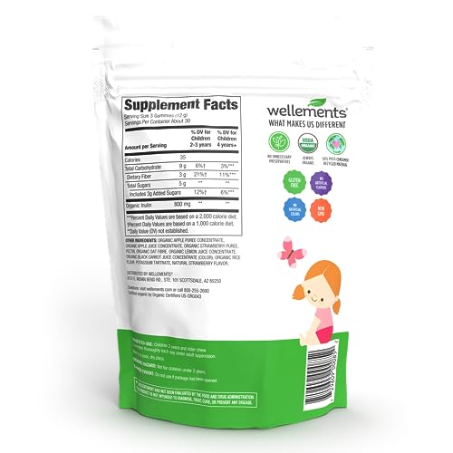 Wellements Organic Fiber Fruit Bite Gummies | Supports Kids & Toddlers Digestive Health* | Made w/REAL FRUIT | 3g Fiber Per Serving | Yummy Strawberry Flavor | Ages 2+