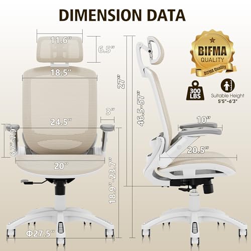 Image of GABRYLLY Ergonomic Office Chair, High Back Home Desk Chair with Headrest, Flip-Up Arms, 90-120 Tilt Lock and Wide Cushion, 300LBS Mesh Chairs for Man Woman, White Task Chair(Beige,GY01WBG)