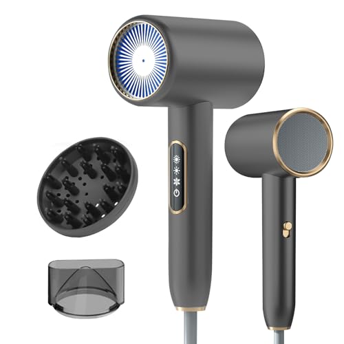 Bizcasa 2400W Secador Pelo Ionico,Profesional Secador de Pelo pantalla LCD 3 Ajustes de Temperatura,2 velocidades,Salón Hair Dryer con Difusor y Boquilla de Peinado (gris)