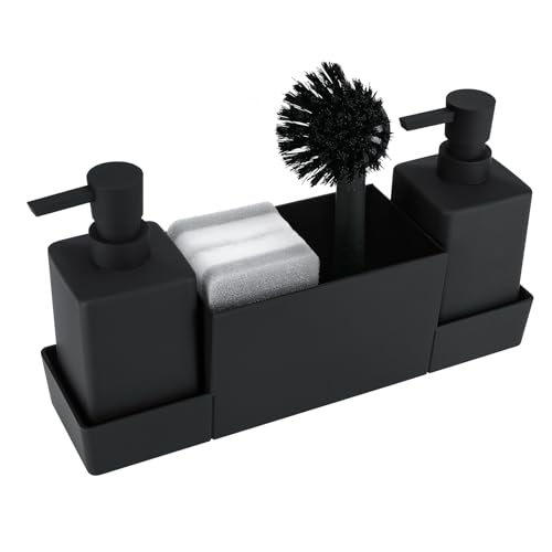 Pavlleen Küchenseifenspender mit Schwammhalter Set,Spülbecken Organizer,für Spülbecken-Caddy,Küchen,Bad,Handseife und Spülseifenspender mit Bürste und Abtropfschale,Mattschwarz