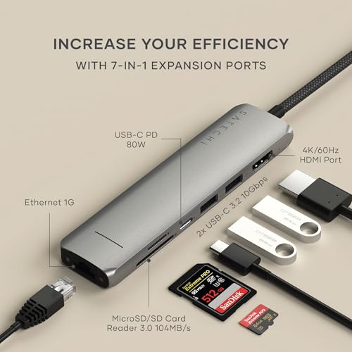 Image of Satechi 7 in 1 USB C Hub Multiport Adapter with Ethernet, HDMI 4K@60Hz, 100W PD Charging, 2X USB-A Data Ports, Micro /SD Card Readers for MacBook Air /Pro /Neo, iPad Air /Pro, Windows - Space Gray