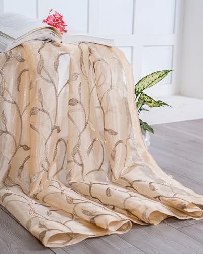 Image of (5 Ft Tissue Fabric Embroidered Curtain |Small Leaf Design Grommet Curtains Window Single Curtain | Vintage Classical Floral Print | For Home | Brown (Pack Of 1) | 152 L X 121 W Centimeters