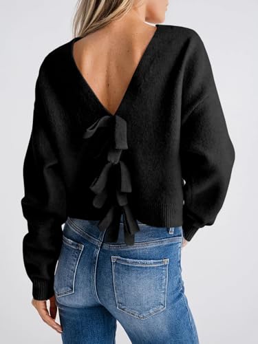 Image of Saodimallsu Womens Bow Sweater Cropped V Neck Long Sleeve Pullover Tops | Soft Cozy Knit, Two-Way Wear Design, Front & Back Bow, Cute Fall Tops 2026, Winter Fashion, Dressy Casual Holiday Outfits