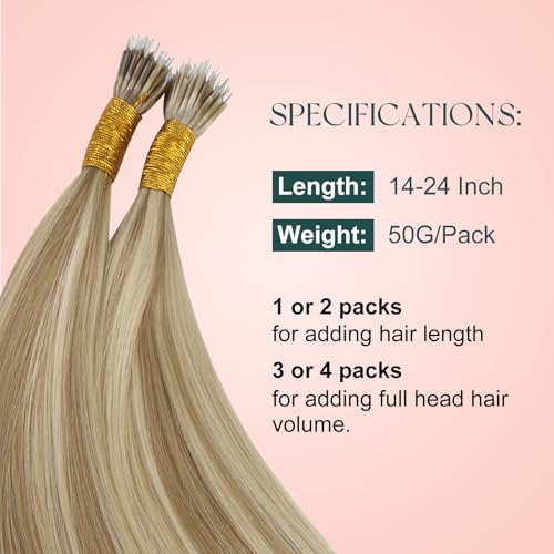 Image of Easyouth Nano Extensions Human Hair, Highlight Blonde with Golden Blonde, 20 Inch 50G 50S, Nano Ring Hair Extension, Add Length and Volume for Women