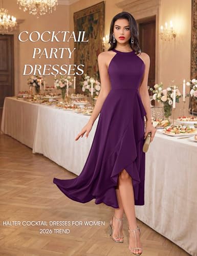 Image of Dressystar Womens 2026 Halter Slit Ruffle Wedding Guest Party Dress Elegant Maxi Long Sleeveless Formal Prom Cocktail Dresses