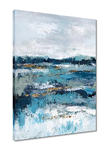 YHSKY ARTS Abstract Canvas Wall Art with Textured and Gold Foil Modern Ocean Paintings Sea Styles Pictures Contemporary Coastal Artwork with Blue Teal Color for Living Room Bedroom Bathroom Decor