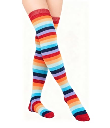 Image of Womens Thigh High Socks Athletic Stripe Cute Colorful Over the Knee High Sock Colorful Long Tube Sock