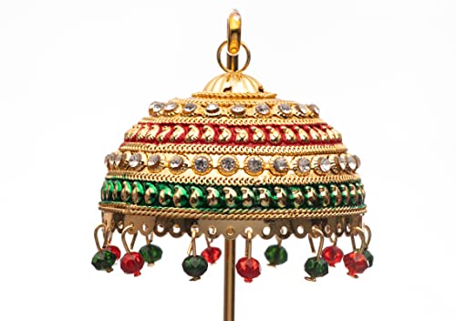 Image of Metal Chhatra with Hanging Crystals - Decorative Umbrella for God Idols, Car Dashboard, Home Temple & Table Decor - Chatri Aasan for Murti (M99)