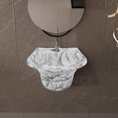 Image of REMANENCE Luxury Wall Mount Half Pedestal Wash Basin for Bathroom | Designer Wall Hung Basin | Wall Mounted Washbasin for Resturent, Hotels (16 x 16 x 11 Inch) (White Black Stripe)
