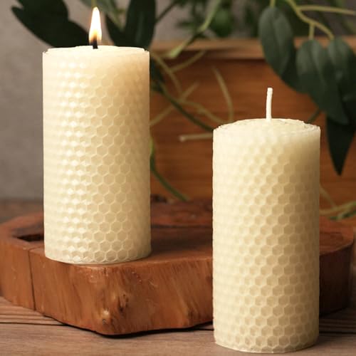 White Hand-Rolled Beeswax Candles, 2 Packs, 2x4 Inch White Honeycomb Pillar Candle, 15 Hour Burn Time Ivory Handcrafted Bees Wax Candles for Gift Choice, Candle Lovers, Home Decor