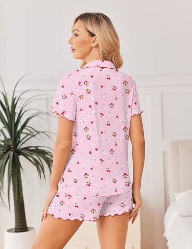 Image of Ekouaer Viscose from Bamboo Women Pajama Sets Button Up Cooling Pjs Short Sleeve Ruffle Sleepwear 2 Piece Lounge Shorts Set